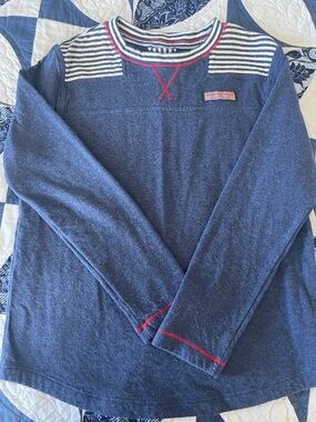 Vineyard Vines Navy Blue Long Sleeve Tee with White Striped Yoke and Pink Trim